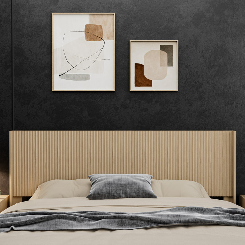 Modern Farmhouse Wood Headboard King Size 80.2 In Wide Wall Mounted Fluted Panel Wingback - Natural Oak