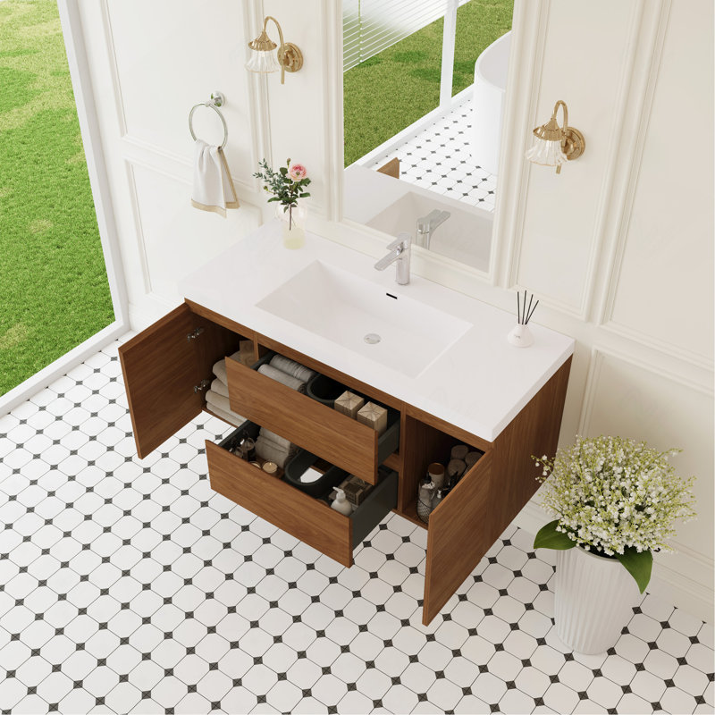 Meuble-lavabo mural 48 po avec lavabo, meuble de rangement mural avec cuve à surface solide et tiroirs à fermeture en douceur entièrement assemblés, noyer doré miel