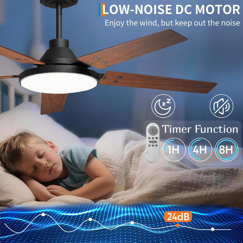 Ventilateur de plafond intelligent 52 po avec télécommande et moteur CC réversible - à intensité variable, 3 CCT, minuterie, à faible bruit pour le salon