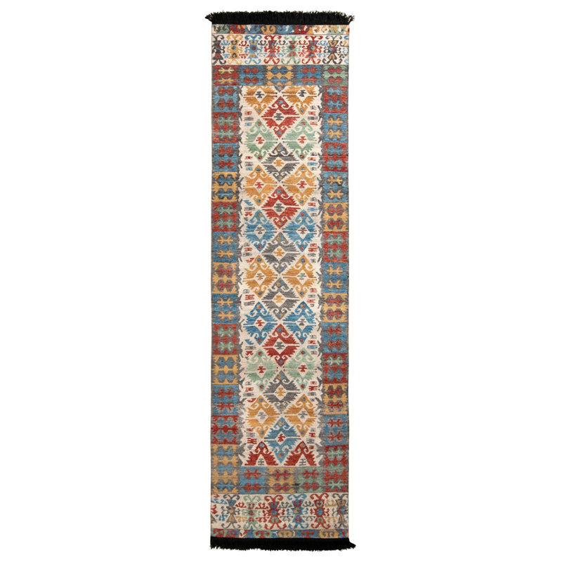 Rug & Kilim’S Classic Turkish Runner In Gold And Blue Geometric Pattern, Runner 2'6" x 10'