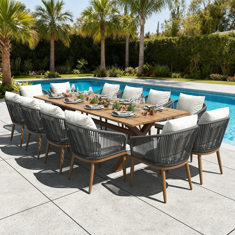 13 Pieces Outdoor Dining Set Woven Rope Wicker Patio Dining Set With Rectangular Aluminum Table And Modern Armrest Dining Chairs