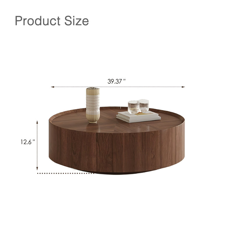 Kemberton Walnut Round Coffee Table with Storage Drawers Black Base, 12.6" H x 39.37" L x 39.37" W