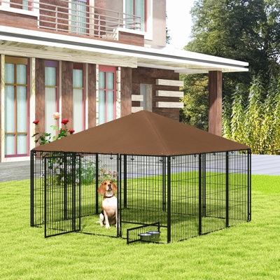 Enclos extérieur pour chien, 2,10 m x 2,10 m x 1,50 m, grand enclos pour chiot avec auvent, clôture de jardin, durable, couleur café. Construction métallique, toit en tissu pour le confort de votre animal.