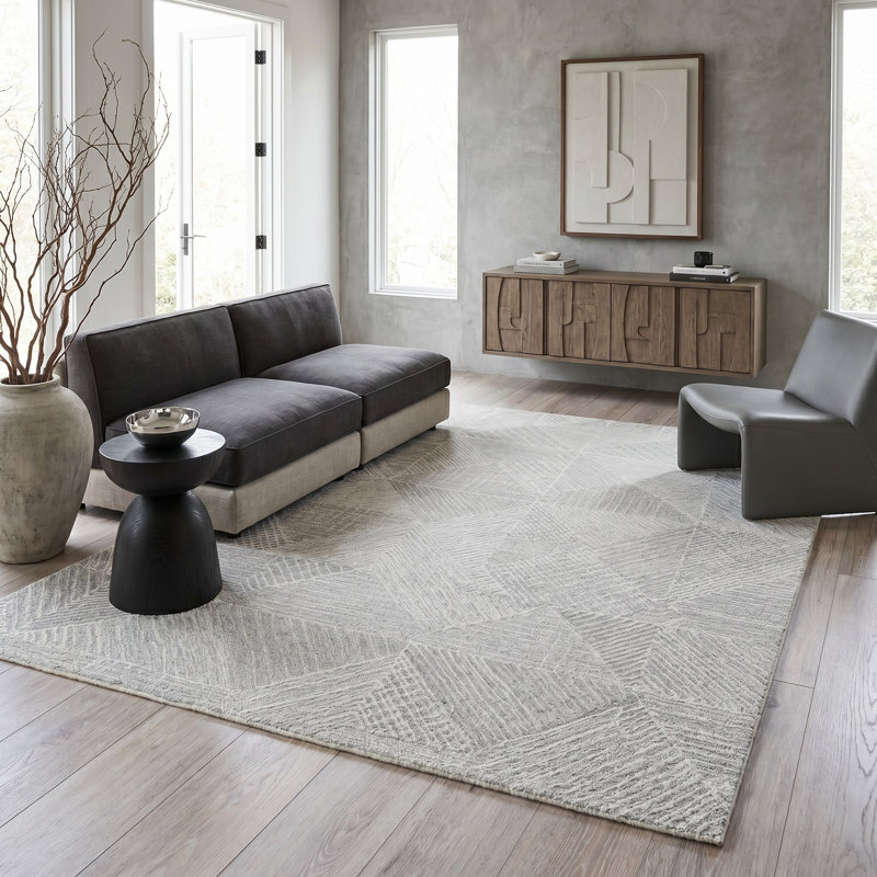 Caprice Geometric Handmade Tufted Area Rug, Silver/Ivory, Rectangle 14' x 18'