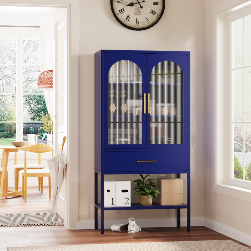 62.5"H Glass Display Cabinet With Drawer And Shelf, Navy