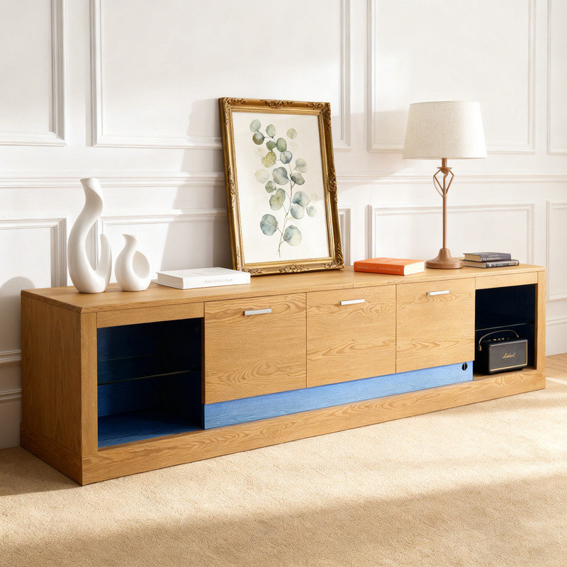 Meuble télé 78 po avec 78 armoires et 2 tablettes ouvertes, centre de divertissement pour téléviseurs de 90 po, console multimédia avec télécommande