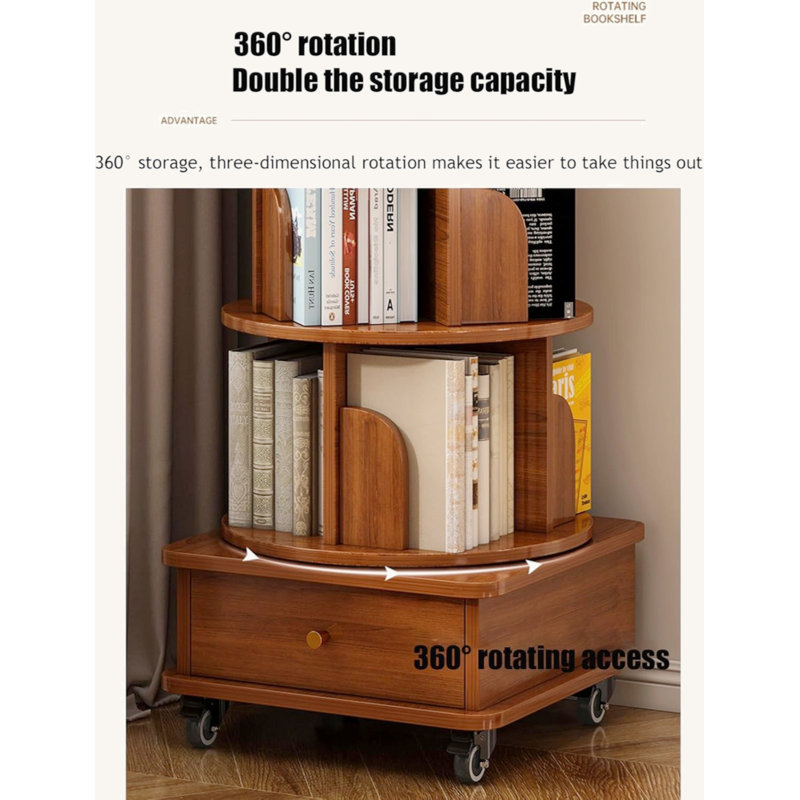  Gulmehak Rotating Bookshelf, 360 Display Corner Bookshelf, 6 Tier Bookcase Storage Rack with Drawer and Wheels for Small Space, Bedroom, Living Room, Study Room