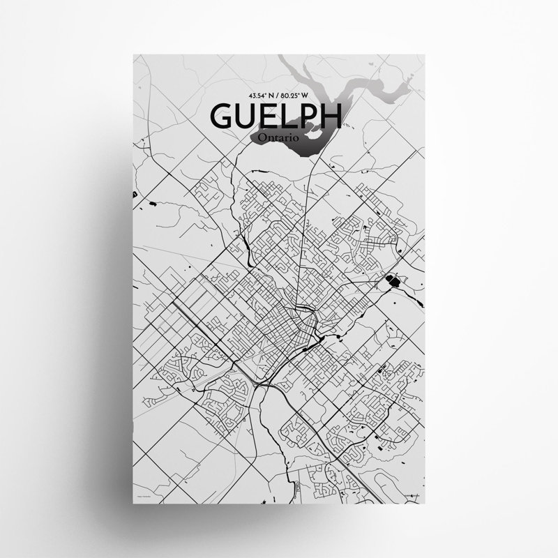 Guelph City Map, impression, H 17 po x l 11 po, Noir / blanc