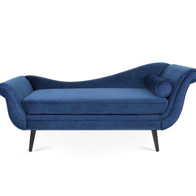 Chaise longue bleue avec accoudoirs courbés, rembourrage en mousse, base stable, pieds fuselés en bouleau, coussin de soutien l 66,84 po x P 29,48 po, H 30,14 po, revêtement en éponge, structure en bois massif et contreplaqué, pieds