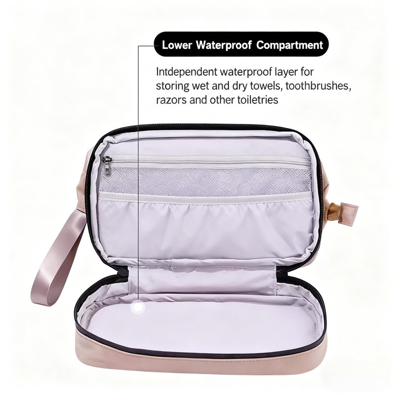 Trousse de toilette imperméable en tissu bleu pour homme avec compartiments secs et humides, grande ouverture pour un accès facile, fermeture à glissière durable, parfaite pour les voyages et l'utilisation quotidienne