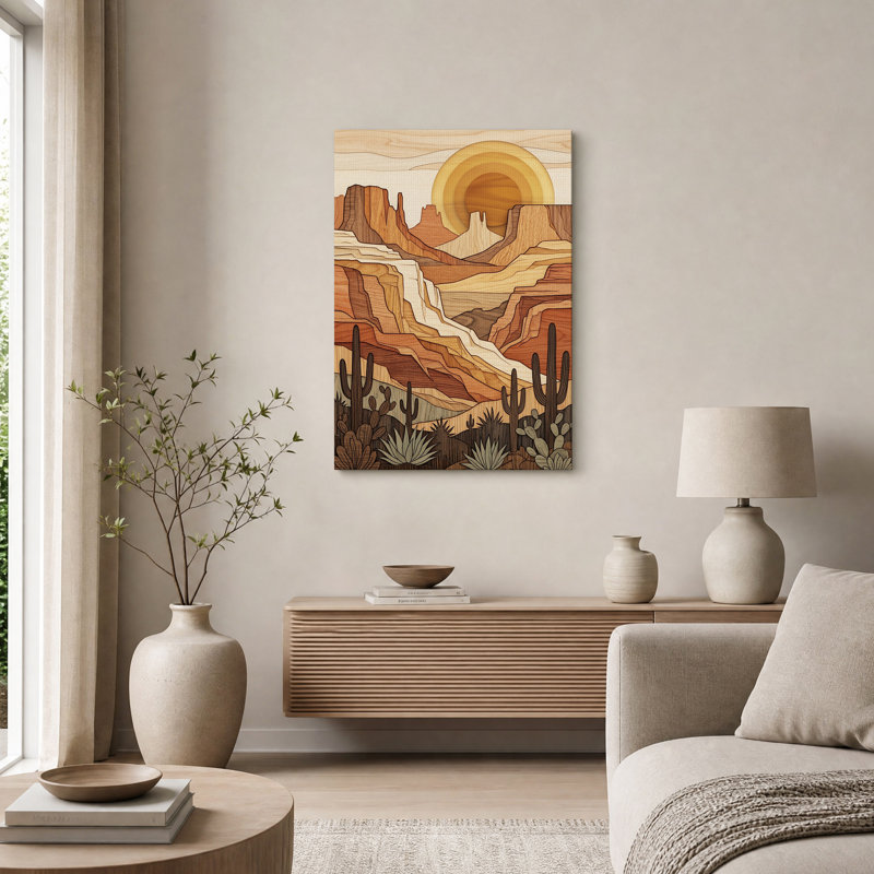 Tableau sur toile représentant un canyon désertique aux tons de bois superposés avec des cactus, H 18 po x l 12 po