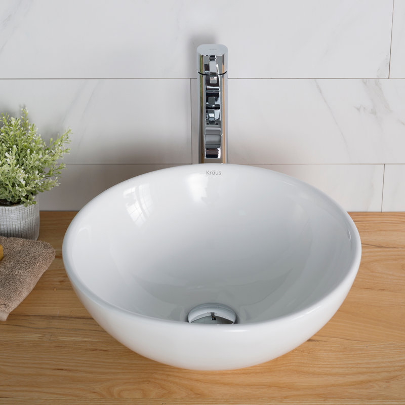 Ceramic Circular Vessel Bathroom Sink with Faucet, Chrome