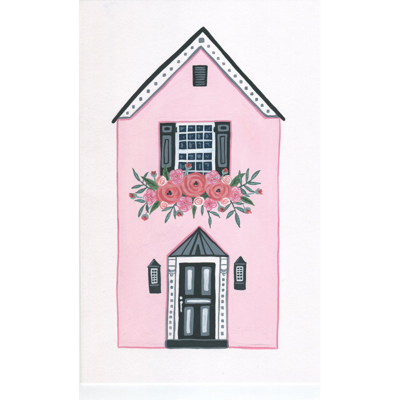 Maison rose - peinture sur toile tendue, H 48 po x l 32 po