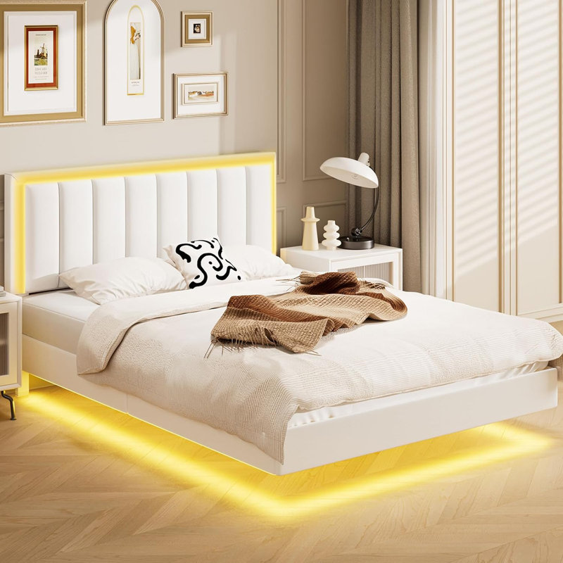 Floating bedstead double bed with RGB LED light, upholstered bedstead double bed with headboard, solid wood Flat noodles support, no spring, no noise, easy to assemble