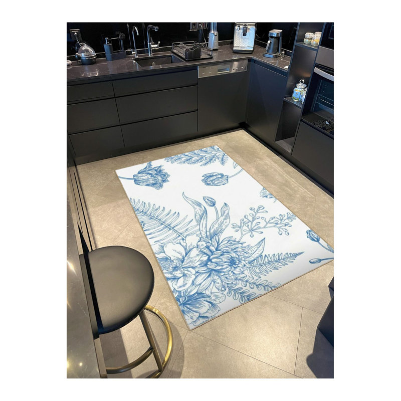 Tapis bleu tissé à motif floral lavable à la machine, Tapis de couloir 2 pi 6 po x 9 pi 10 po inclus