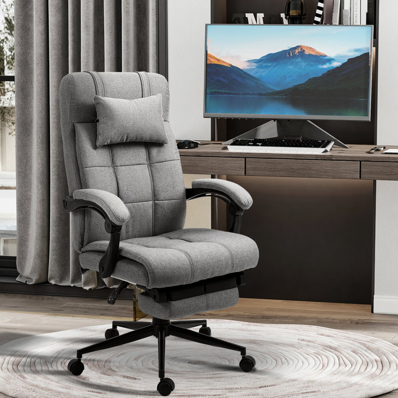 Fauteuil de bureau gris avec dossier réglable et hauteur réglable. Revêtement en tissu Linen-Feel, repose-pieds rétractable et rembourré pour une hauteur de soutien incroyablement confortable