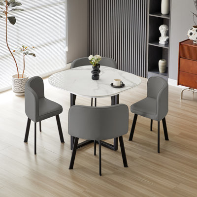 Oliver 4-Seater Square Dining Table Set – White Marble-Effect Sintered Stone Top with Grey Chairs