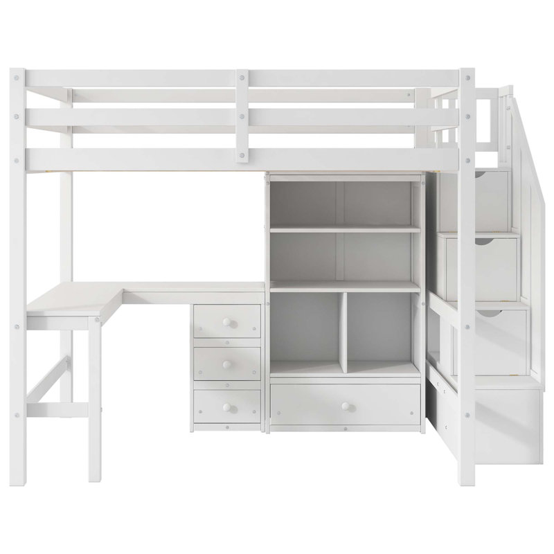 Lit mezzanine double avec bureau en L et tiroirs, armoire et escalier de rangement, Blanc