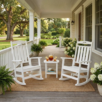 3-Piece Outdoor Rocking Chair Set, 2 HDPE Porch Rockers With Side Table, All-Weather Patio Conversation Set