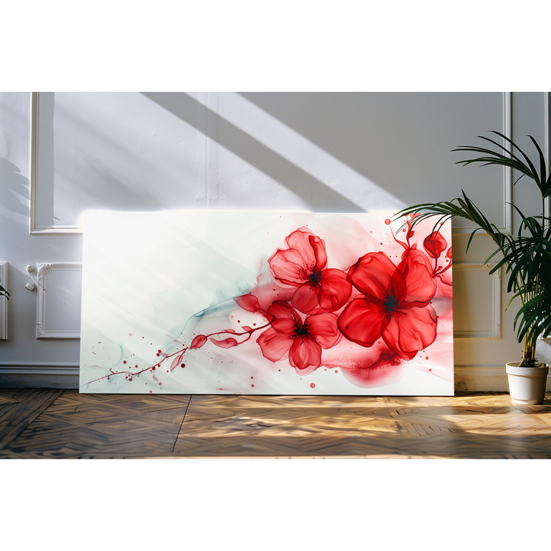 Wandbild 120x60cm Rote Blumen Blüten Kunstvoll Wasserfarben