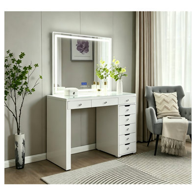 Gloss White LED Lighted Vanity Table with Tempered Glass Top and 8 Drawers