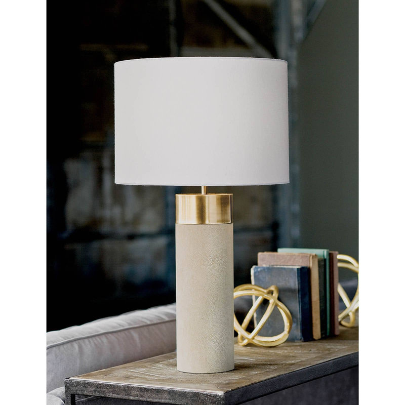 Ivory Grey Shagreen Cylinder Table Lamp with Linen Shade