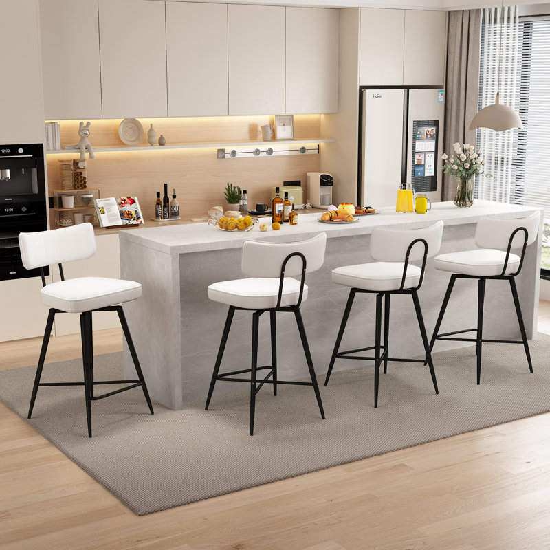 White Leather Swivel Counter Stools with Black Metal Frame, Set of 2
