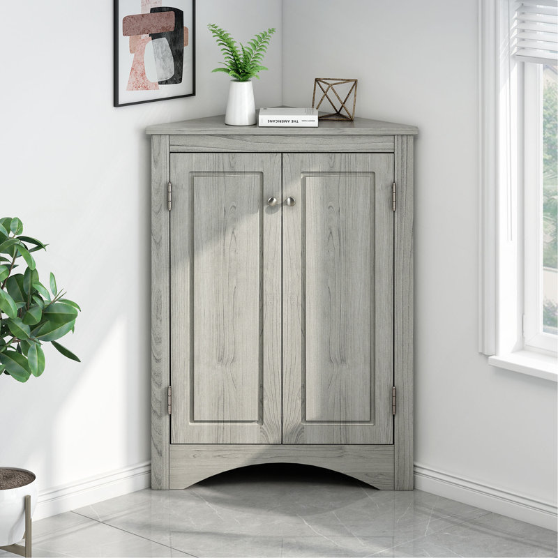 Triangle Bathroom Storage Cabinet With Adjustable Shelves, Freestanding Floor Cabinet For Home Kitchen, Oak