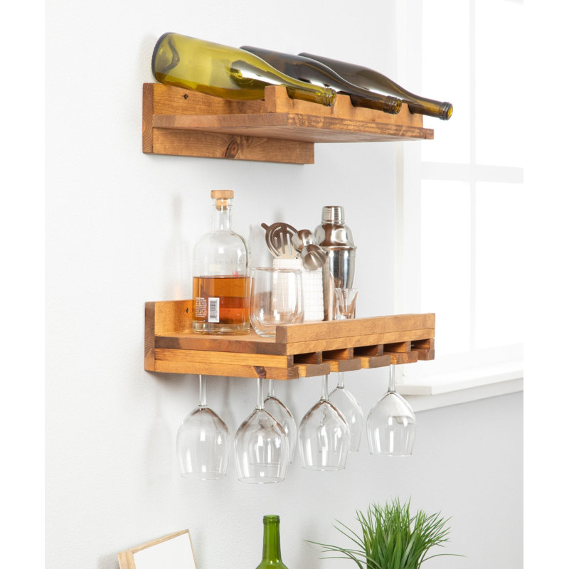 Support à vin à et à verres à fixation murale en bois massif Blende, Noyer foncé, H 6 po x l 19,5 po x P 10 po