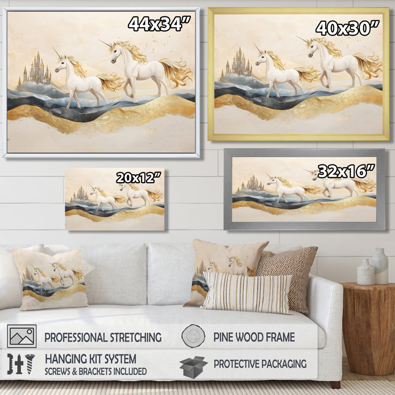 Maricris Golden Unicorns on Cosmic Castle Lanscape I - Licornes, art mural, Reproduction encadrée d'une seule photo, Blanc