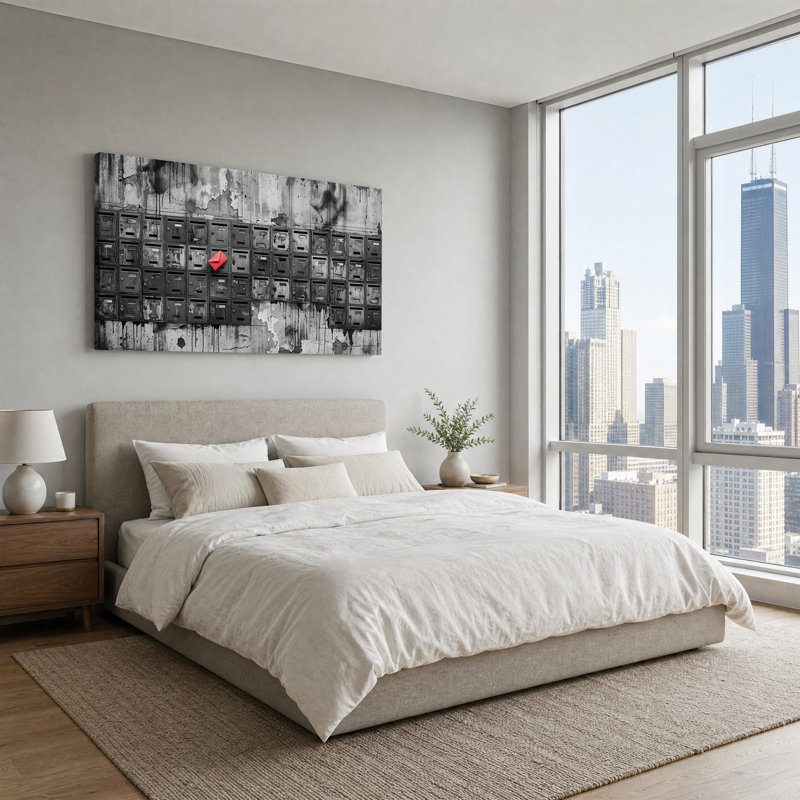 Art sur toile, enveloppe rouge en rangée de boîtes aux lettres rouillées, L 46 po x H 24 po