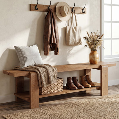 63'' Solid Wood Entryway Bench with Storage, Farmhouse Bedroom Bench
