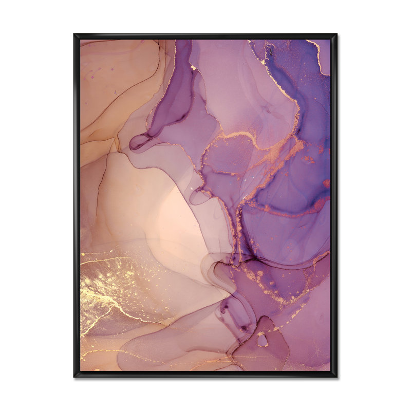 Nuage d'encre de marbre mauve et jaune - peinture sur toile, H 40 po x l 30 po x P 1,5 po, Cadre flottant noir