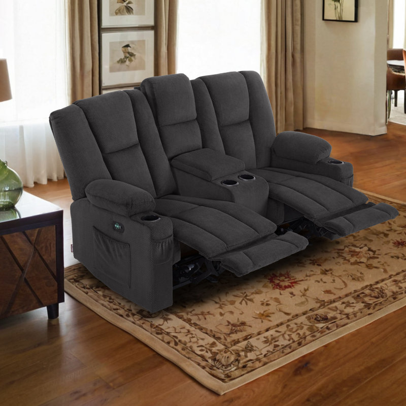 Power Reclining Loveseat Sofas with Heat, Console and Massage, Cup Holders, Fabric Upholstered, Gray 
