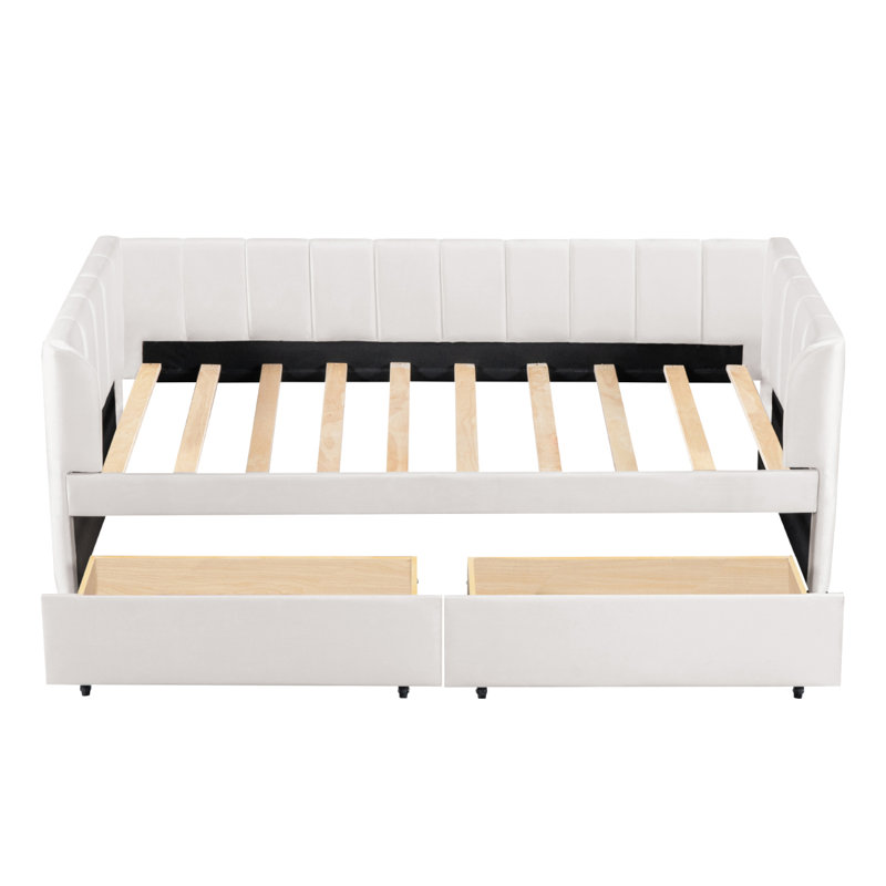 Lit de jour rembourré avec dossier ergonomique et 2 tiroirs, Beige
