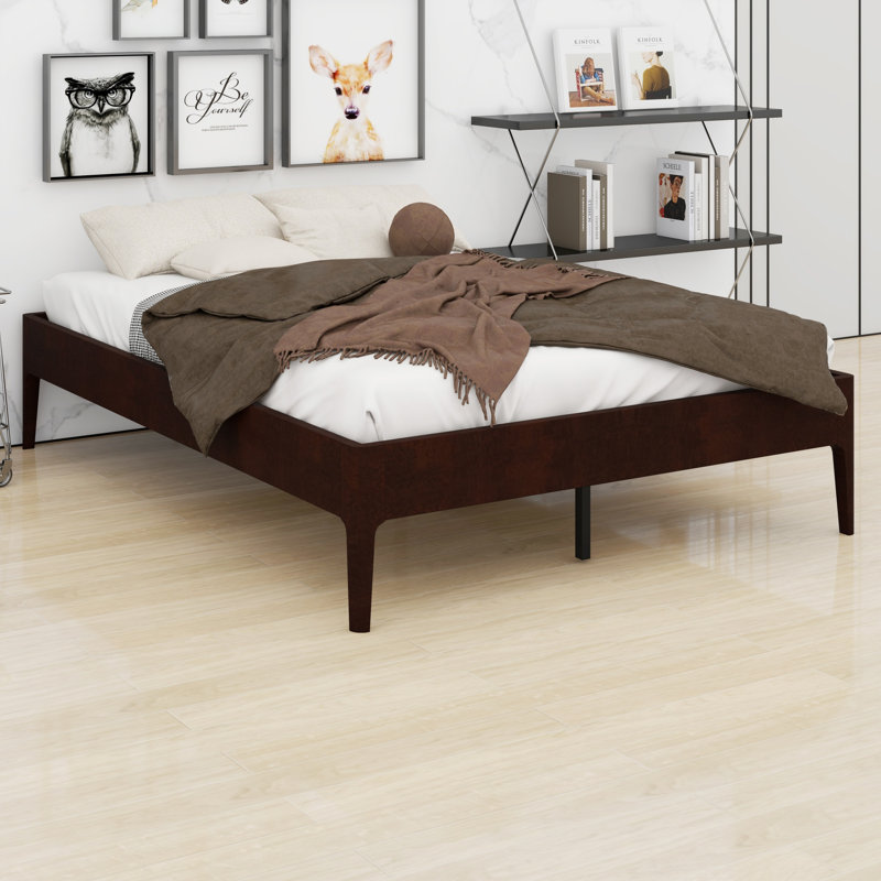 Sturdy Wood Platform Bed Frame Featuring Wood Slat and Metal Support, Chocolate