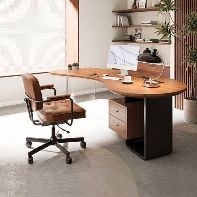 Bureau de direction en noyer massif incurvé de 180 cm (70,9 po), bureau d'ordinateur moderne avec pieds incurvés en acrylique transparent et armoire de rangement latérale, bureau pour bureau à domicile