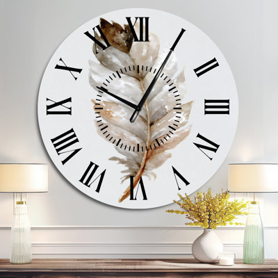 Brown Watercolor Feather Elegance - Boho Metal Wall Clock