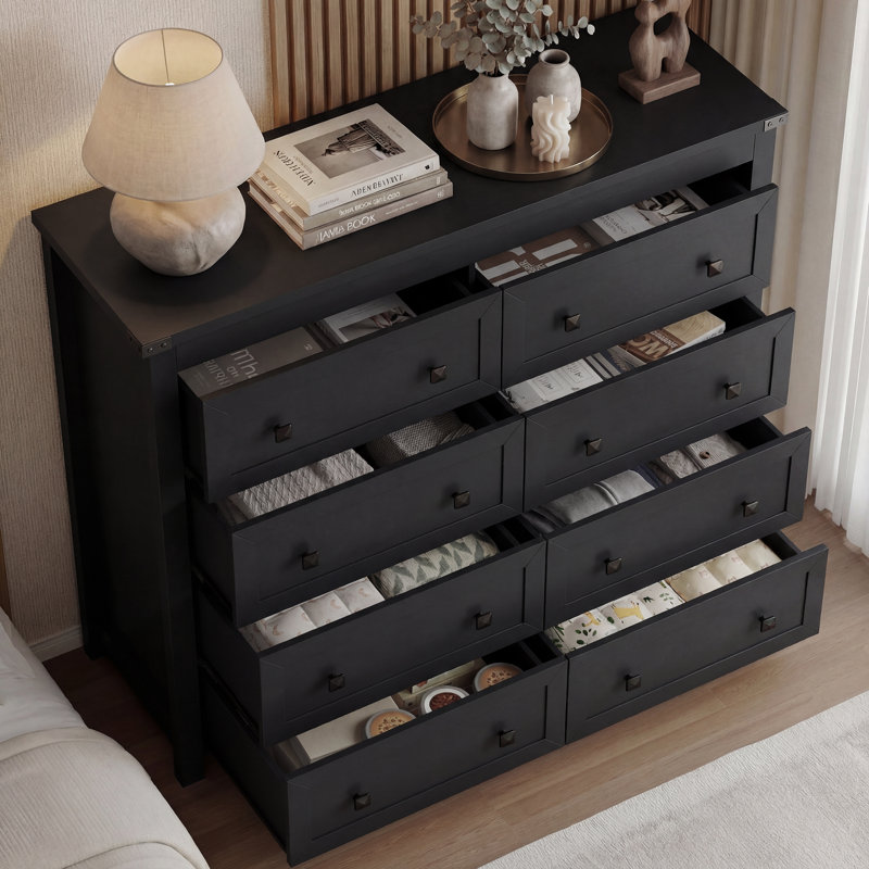 Commode moderne à 8 tiroirs avec poignées carrées noires, coffre de rangement spacieux pour la chambre à coucher et le salon, meuble télé noir, organisateur à tiroirs multiples