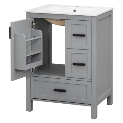 24" bathroom vanity with ceramic sink, soft-close doors, double-tier shelving, and 3 drawers