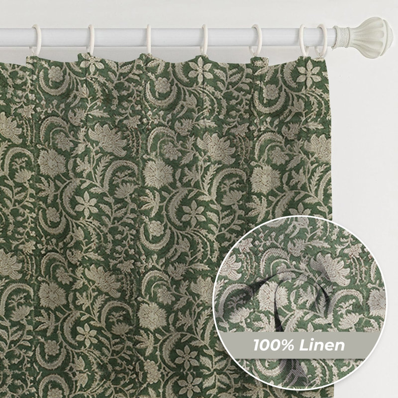 Fabdivine Dark Green 2 Panel Set Floral Curtain for Summer and Spring, Handmade Block Print, 27x57 Inches, Soft Thick Linen Pleated Pinch Drapes Elegant, Living Room or Window Treatments, Kundanvan