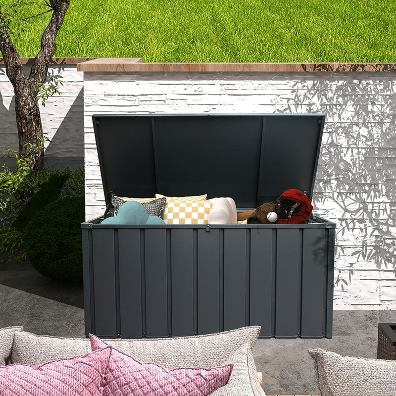 Boîte de rangement d'extérieur gris foncé 100 gallons - Bac de patio imperméable et verrouillable pour coussins, oreillers, outils de jardin avec structure solide gallon, caractéristique du matériau