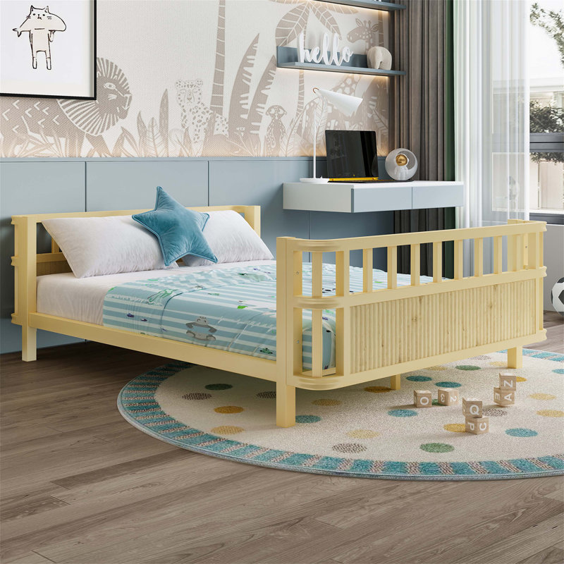 Children's Double Wooden Platform Bed With Railings, Low Iron Frame For Safety And Durability, Suitable For Girls And Boys, Full Size, Natural Finish