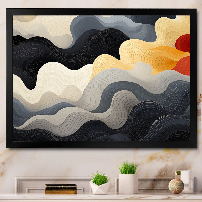 Orage solaire noir et orange - reproduction d'art abstrait mural, Cadre d'angle fermé noir, H 34 po x l 44 po x P 1,5 po