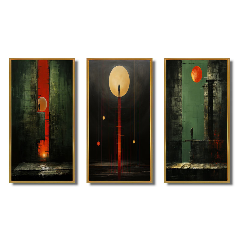 «Full Moon Urban Solitude Retro Minimal IV», 3 pièces sur toile, Cadre flottant doré, H 28 po x l 36 po