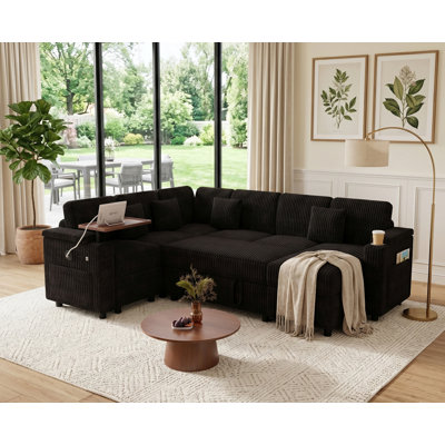 100" Wide Convertible Living Room Sectionals, Modern Upholstered Queen Sleeper with Storage Chaise