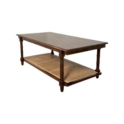 Elegant Brown 24x42x18 Inch Coffee Table with Open Rattan Shelf Storage