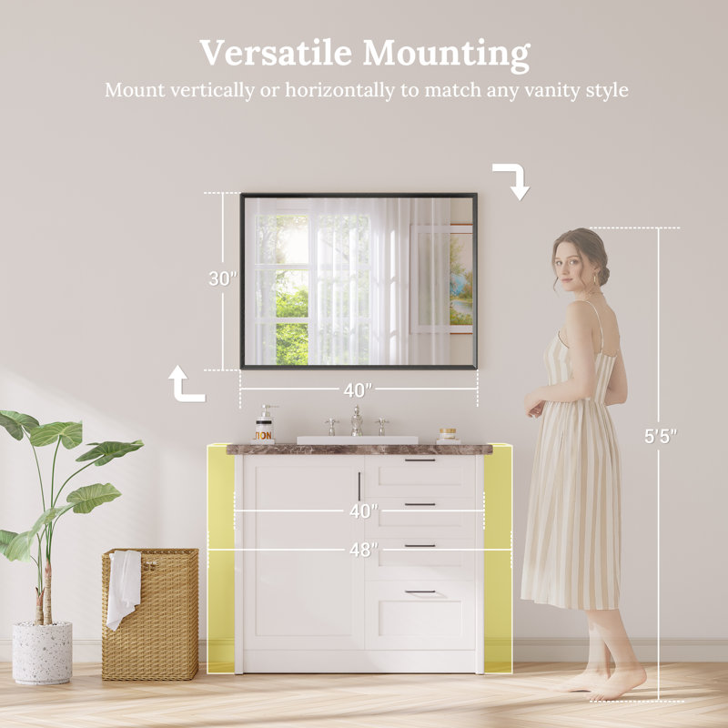 Bathroom Vanity Mirror with Tempered Glass and Aluminum Frame, Brushed Black, 30" x 40"