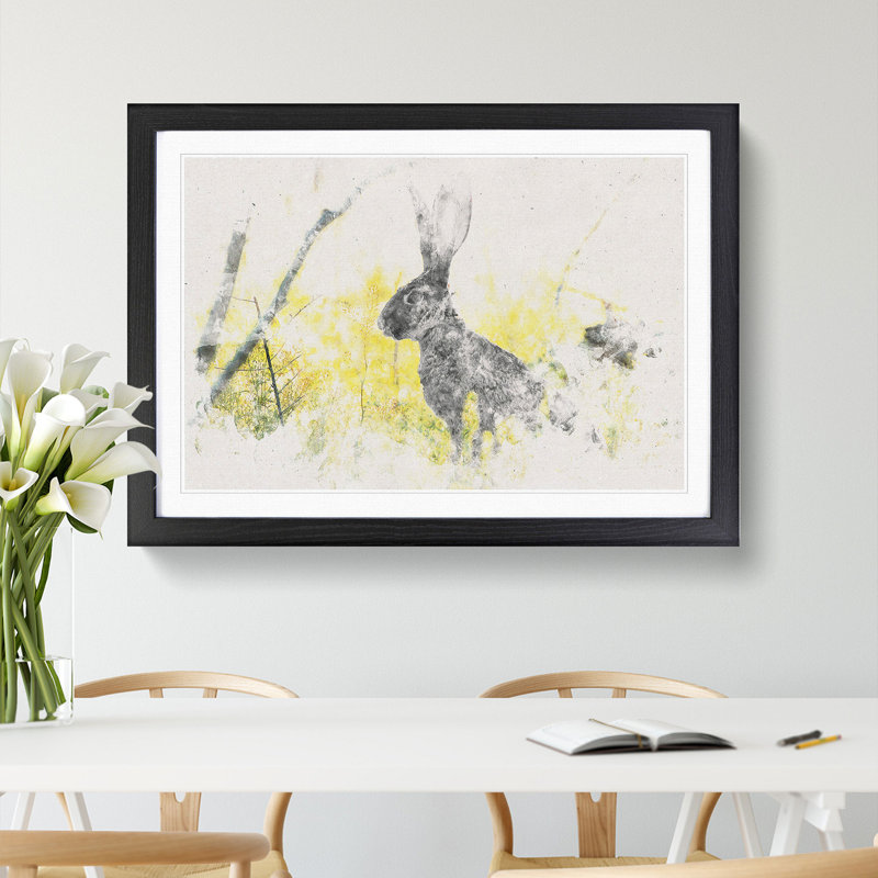 Alert Hare in the Meadow Watercolour - Picture Frame Graphic Art Print, Black Framed, 45cm H x 63cm W x 2cm D