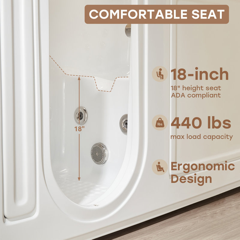 52.5" x 26.5" Left Drain Quick Fill Walk-In Whirlpool Jetted Bathtub in White/Chrome